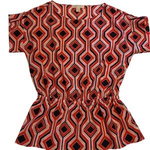 Michael Kors Womens Short Sleeve Blouse Retro Elastic Waist Pink-Multi Top Sz 10